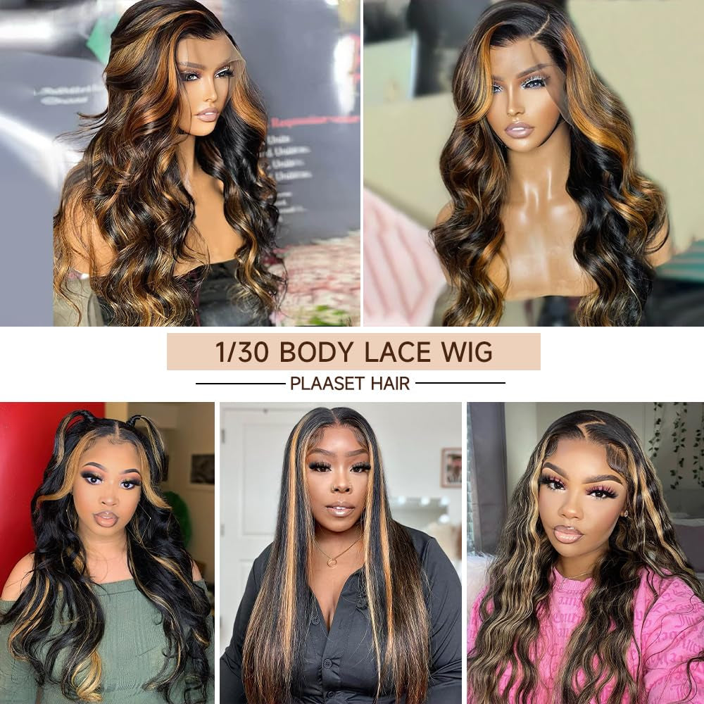 28 Inch Ombre Lace Front Wig Human Hair 1B/30 Body Wave Highlight Lace Front Wigs Human Hair Colored 13X4 Ombre Brown Wig Human Hair 180% Density Glueless HD Lace Frontal Wigs Human Hair