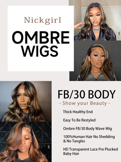 26 Inch Ombre Lace Front Wig Human Hair Pre Plucked with Baby Hair FB/30 HD Lace Front Wigs Human Hair 180% Density Highlight Body Wave Lace Frontal Wigs Human Hair Glueless Wigs