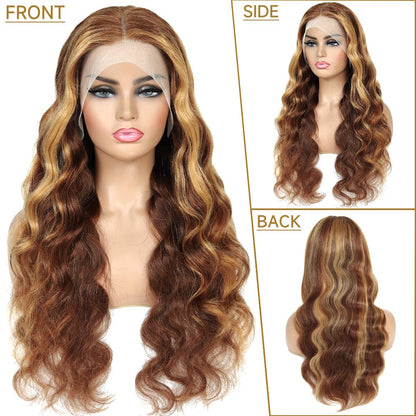 26 Inch Ombre Lace Front Wig Human Hair 180% Density 13X4 4/27 Highlight Lace Front Wig Human Hair Honey Blonde HD Lace Front Wig Human Hair Body Wave Balayage Wig Human Hair Pre Plucked for Women