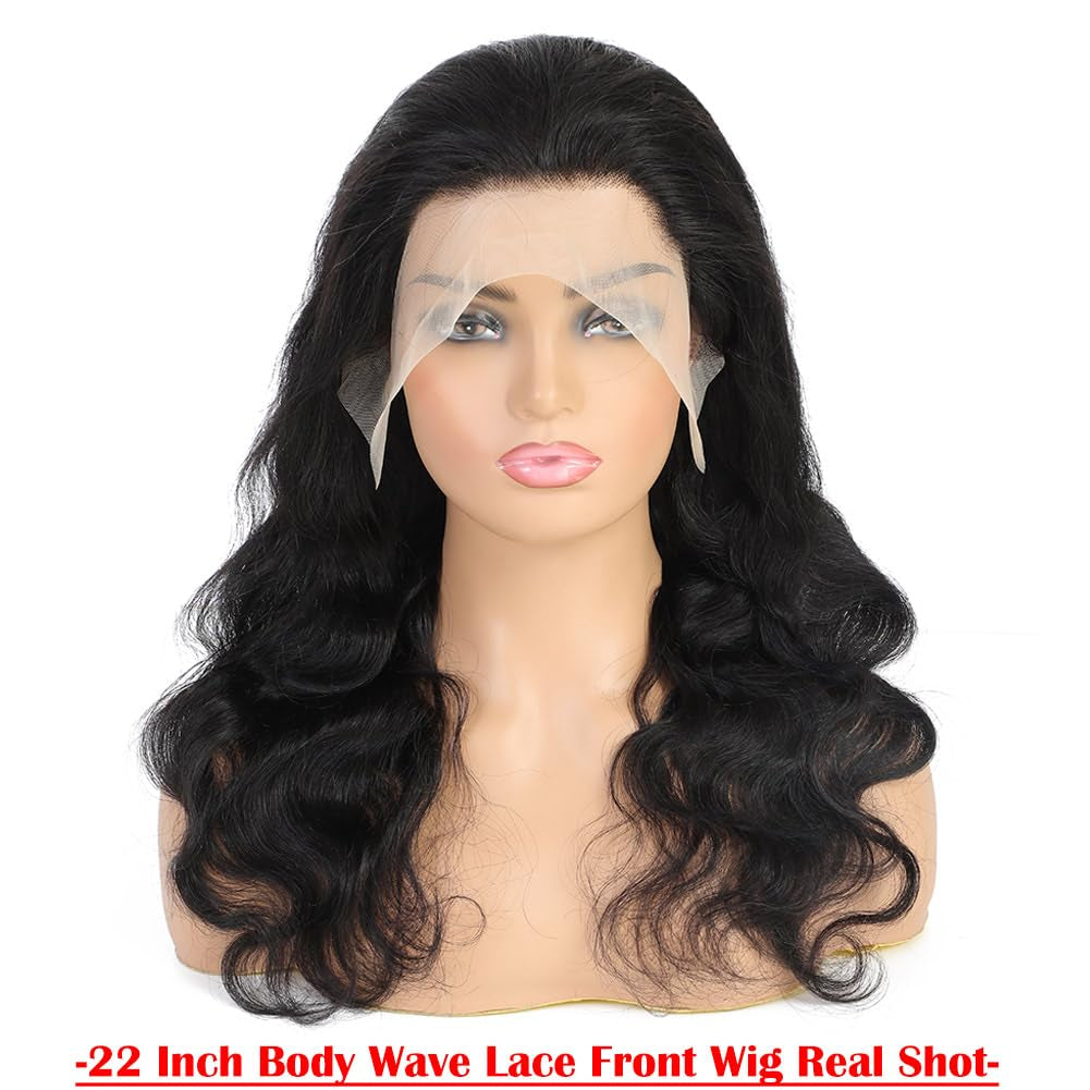 Body Wave Lace Front Wigs Human Hair Pre Plucked 13X4 HD Transparent Lace Frontal Wig with Baby Hair 180% Density Brazilian Virgin Human Hair Lace Front Wigs for Women Natural Black 22Inch