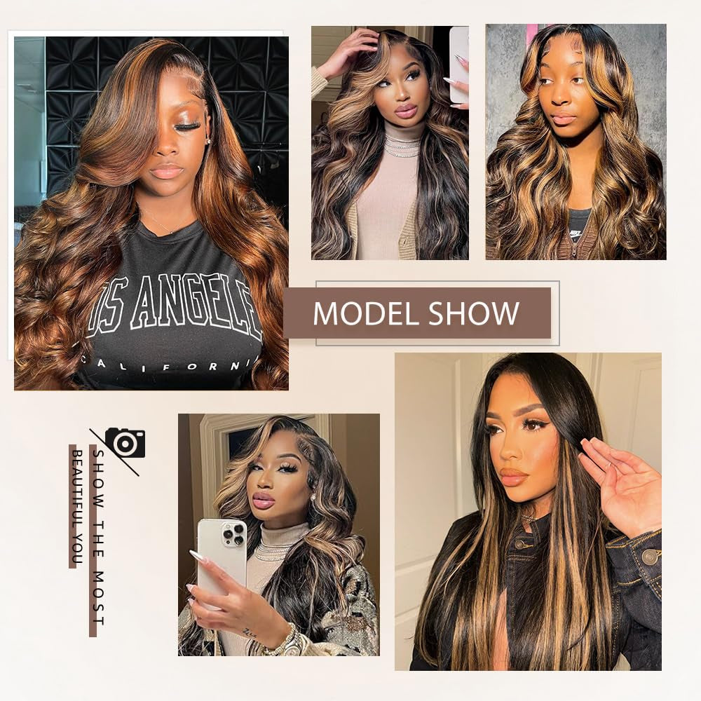 26 Inch Ombre Lace Front Wig Human Hair Pre Plucked with Baby Hair FB/30 HD Lace Front Wigs Human Hair 180% Density Highlight Body Wave Lace Frontal Wigs Human Hair Glueless Wigs