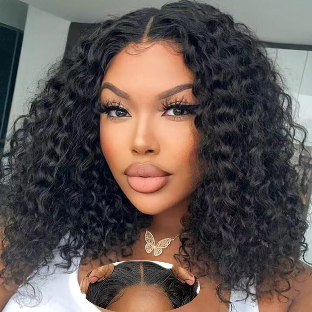 Wear and Go Glueless Wigs Human Hair Pre Plucked Pre Cut Lace Front Wigs for Black Women 180% Density Water Wave Bob Wig Human Hair Curly Wig (14 Inch)