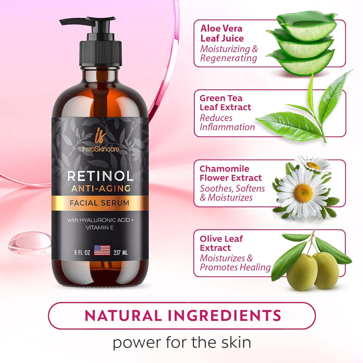 Retinol Serum for Face with Hyaluronic Acid + Vitamin E and a + Aloe Vera (8Oz) - Anti-Aging Serum Pore Tightener Fade Dark Spots Clinical Strength Formula by