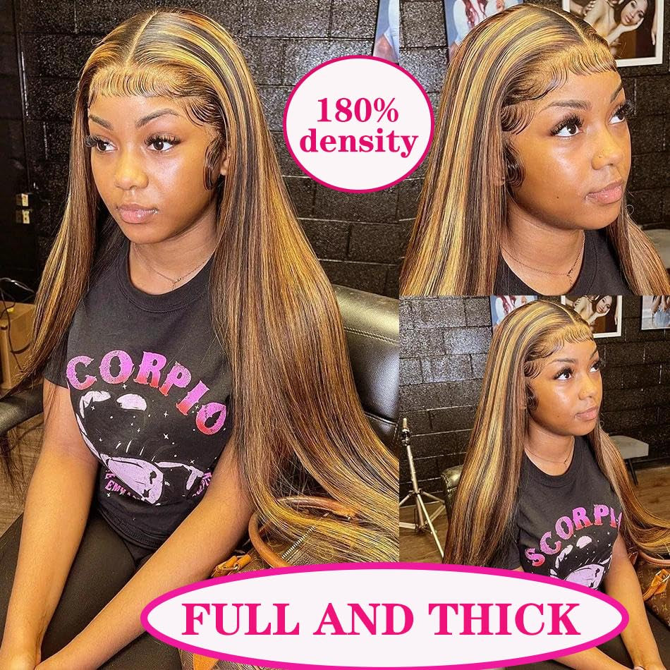 Ombre Lace Front Wig Human Hair 28Inch Highlight 13X4 HD Straight Lace Front Wigs 180% Density 4/27 Colored Honey Blonde HD Lace Frontal Wigs for Women Glueless Pre Plucked with Baby Hair