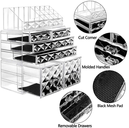 Acrylic Clear Dustproof Makeup Storage Organizer Drawers Large Skin Care Cosmetic Display Cases for Bathroom Stackable Storage Box with 6 Drawers for Vanity (Diamond Pattern Clear)