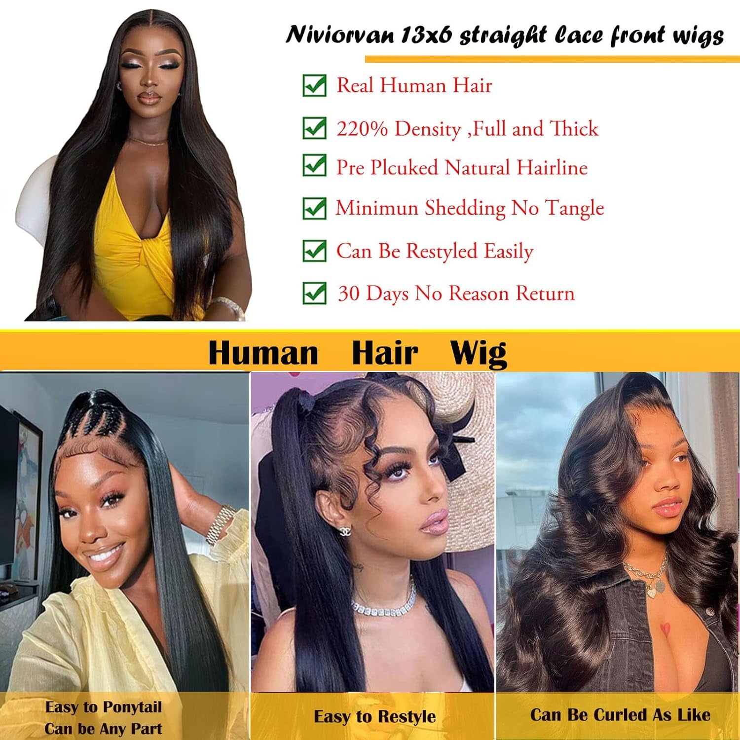 13X6 220 Density HD Lace Front Wigs Human Hair 26 Inch Straight Wigs Human Hair 13X6 Glueless Wigs Human Hair 220 Density HD Frontal Wigs Human Hair 13X6 for Women Natural Black