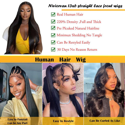 13X6 220 Density HD Lace Front Wigs Human Hair 26 Inch Straight Wigs Human Hair 13X6 Glueless Wigs Human Hair 220 Density HD Frontal Wigs Human Hair 13X6 for Women Natural Black