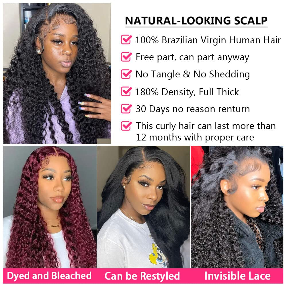 13X4 Deep Wave Lace Front Wigs Human Hair 180% Density Deep Wave Frontal Wigs Human Hair HD Lace 26 Inch Curly Wigs for Black Women Pre Plucked with Baby Hair Curly Lace Front Wig Human Hair