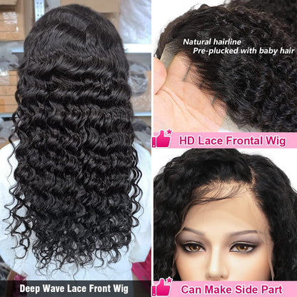 180 Density 13X4 HD Lace Front Wigs Human Hair Pre Plucked with Baby Hair Transparent Glueless Brazilian Deep Wave Frontal Wigs for Women Natural Black Color