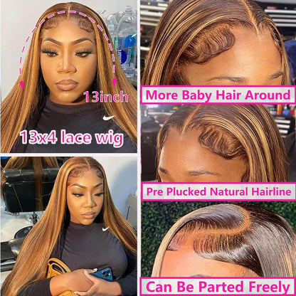 Ombre Lace Front Wig Human Hair 28Inch Highlight 13X4 HD Straight Lace Front Wigs 180% Density 4/27 Colored Honey Blonde HD Lace Frontal Wigs for Women Glueless Pre Plucked with Baby Hair