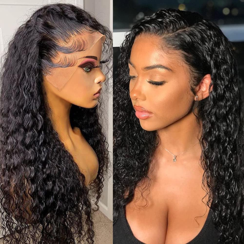 180 Density 13X4 HD Lace Front Wigs Human Hair Pre Plucked with Baby Hair Transparent Glueless Brazilian Deep Wave Frontal Wigs for Women Natural Black Color