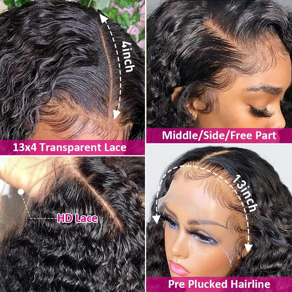 13X4 Human Hair Lace Front Wigs for Black Women Glueless 180 Density HD Transparent Deep Wave Frontal Wig with Baby Hair Pre Plucked Bleached Knots(14 Inch, Black Color)