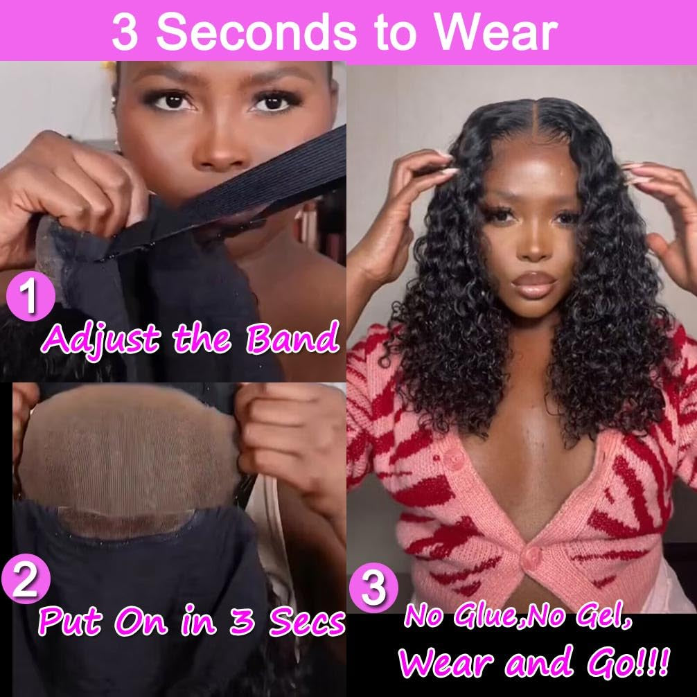 Wear and Go Glueless Wigs Human Hair Pre Plucked Pre Cut Lace Front Wigs for Black Women 180% Density Water Wave Bob Wig Human Hair Curly Wig (14 Inch)