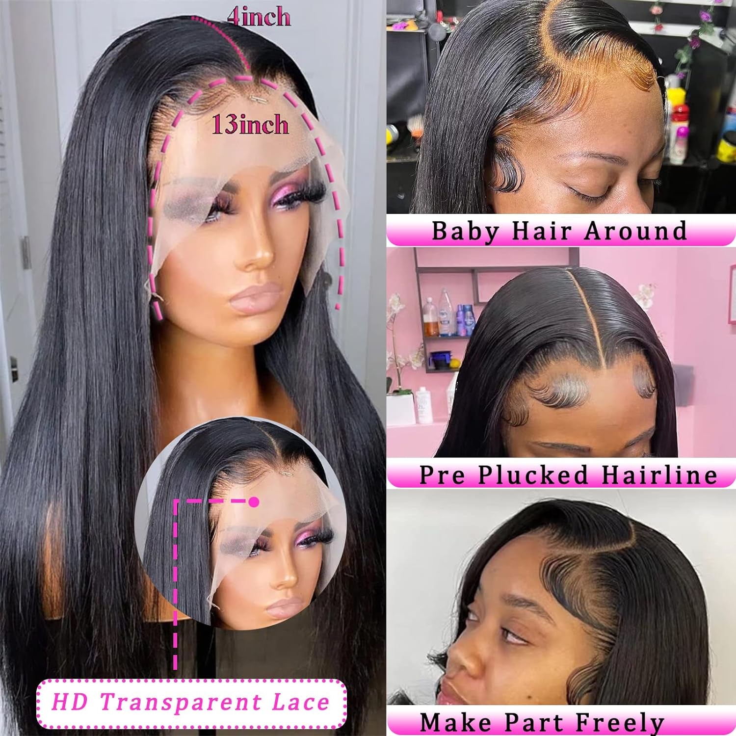 Straight Lace Front Wigs Human Hair 13X4 HD Transparent Lace Front Human Hair Wigs for Black Women Glueless Brazilian Virgin Hair Lace Frontal Wig 180% Density Pre Plucked with Baby Hair Hairline