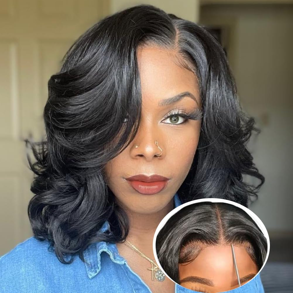 Glueless Bob Wigs Human Hair Pre Plucked Body Wave Wear and Go Glueless Wig Lace Pre Cut 4X4 Lace Closure New Upgraded No Glue Wigs for Black Women Human Hair Natural Hairline 12 Inch