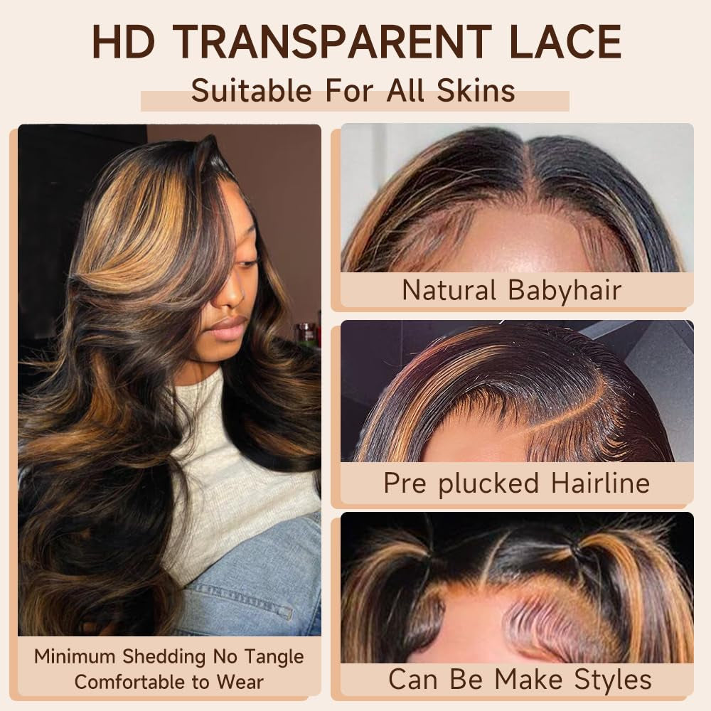 28 Inch Ombre Lace Front Wig Human Hair 1B/30 Body Wave Highlight Lace Front Wigs Human Hair Colored 13X4 Ombre Brown Wig Human Hair 180% Density Glueless HD Lace Frontal Wigs Human Hair