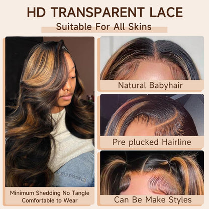 28 Inch Ombre Lace Front Wig Human Hair 1B/30 Body Wave Highlight Lace Front Wigs Human Hair Colored 13X4 Ombre Brown Wig Human Hair 180% Density Glueless HD Lace Frontal Wigs Human Hair