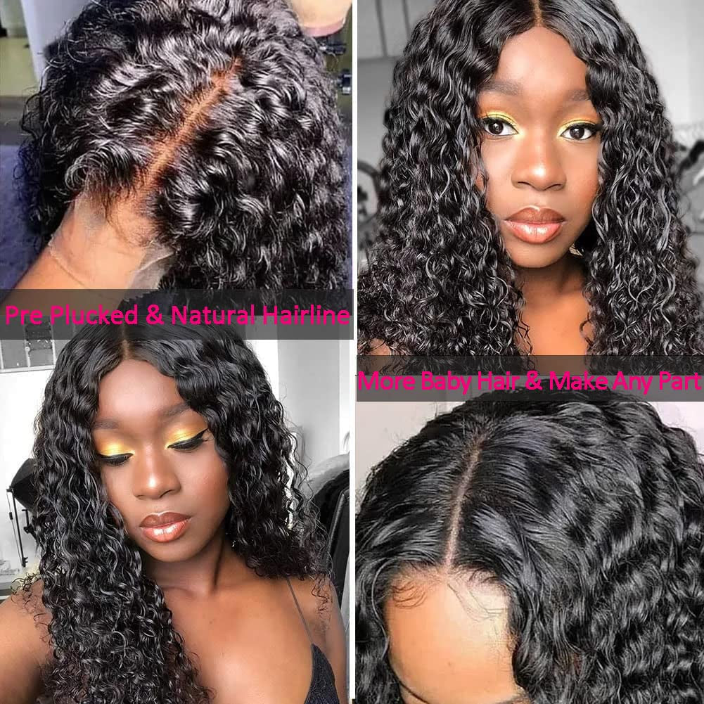 Water Wave Human Hair Lace Front Wigs for Black Women 150% Density Brazilian Water Wave Lace Front Wig with Baby Hair Pre Plucked Bleached Knots Deep Curly Lace Front Human Hair Wigs 16 Inch