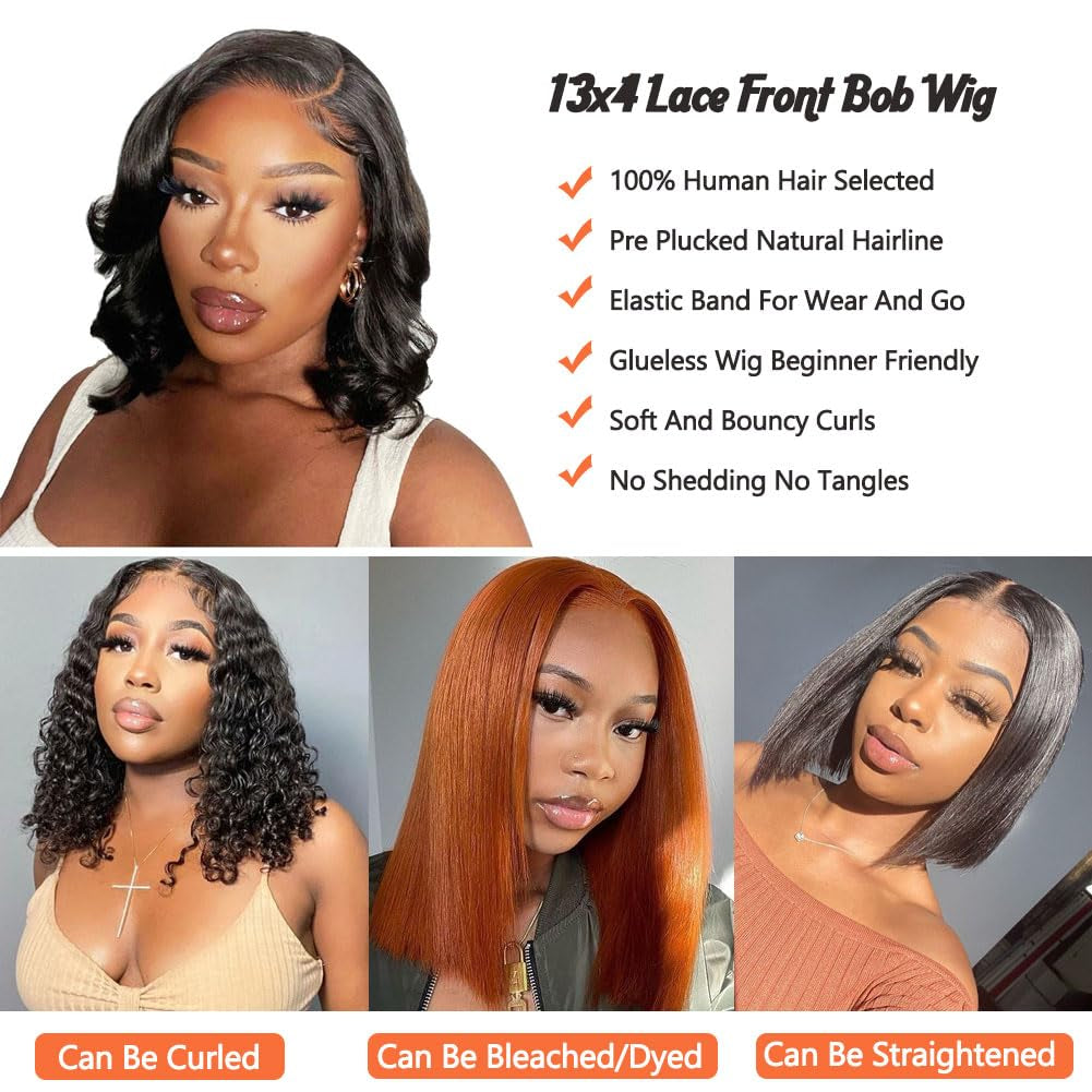 Wavy Bob Wig Human Hair 13X4 Lace Front Wigs Human Hair Pre Plucked Glueless Wigs Human Hair 12 Inch Short Bob Wigs Brazilian Body Loose Wave Wear and Go Human Hair Wig