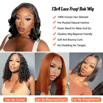 Wavy Bob Wig Human Hair 13X4 Lace Front Wigs Human Hair Pre Plucked Glueless Wigs Human Hair 12 Inch Short Bob Wigs Brazilian Body Loose Wave Wear and Go Human Hair Wig