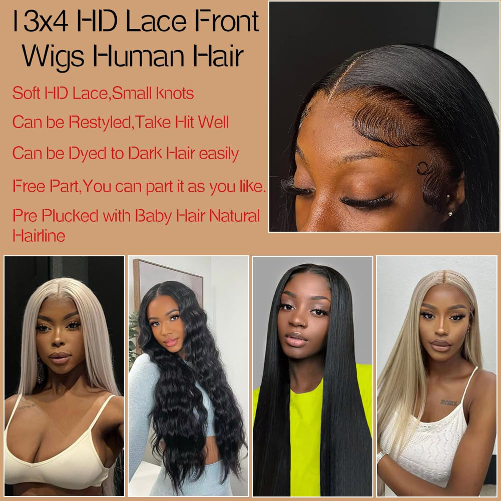 22 Inch Straight Lace Front Wigs Human Hair Pre Plucked 13X4 HD Lace Frontal Wigs Human Hair Wig for Black Women Brazilian Virgin Glueless Wigs Human Hair with Baby Hair