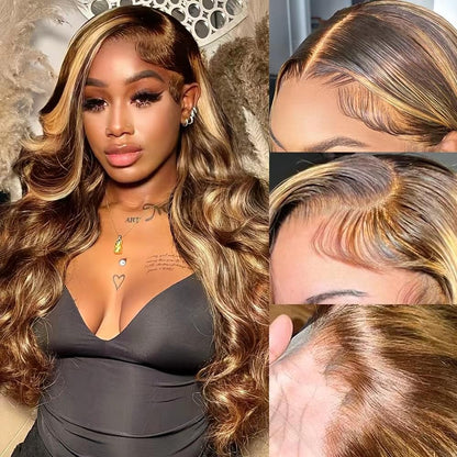 26 Inch Ombre Lace Front Wig Human Hair 4/27 13X4 Body Wave Highlight Lace Front Wig Human Hair Pre Plucked with Baby Hair Honey Blonde Wig Human Hair 180% Density Colored Wigs Human Hair for Women