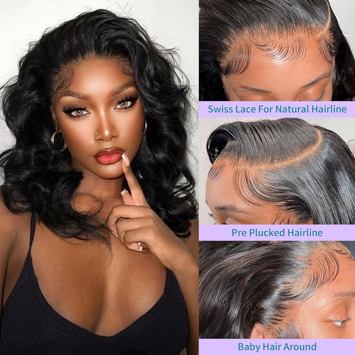 13X4 Body Wave HD Lace Front Wigs Human Hair 180% Density Glueless Bob Wigs Human Hair Pre Plucked Short Bob Wigs for Black Women Frontal Wig Human Hair Natural Black Color (14 Inch, Bob Wig)