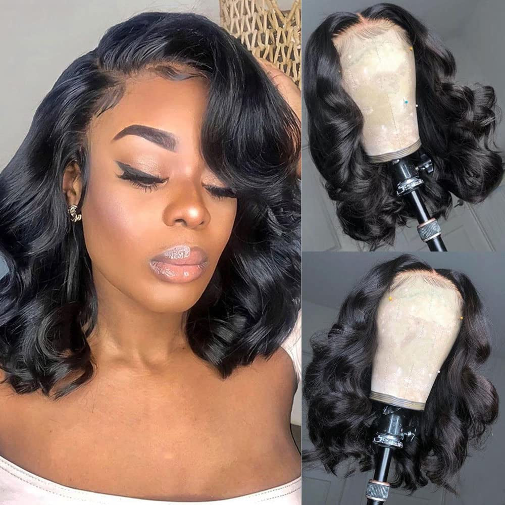 Wavy Bob Wig Human Hair 13X4 Lace Front Wigs Human Hair Pre Plucked Glueless Wigs Human Hair 12 Inch Short Bob Wigs Brazilian Body Loose Wave Wear and Go Human Hair Wig